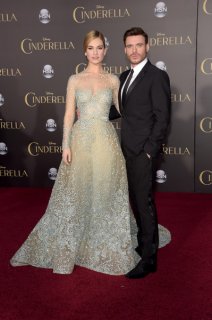 Lily James - Elie Saab Couture 2014 winter green blue grey white, Christian Louboutin Cinderella.jpg