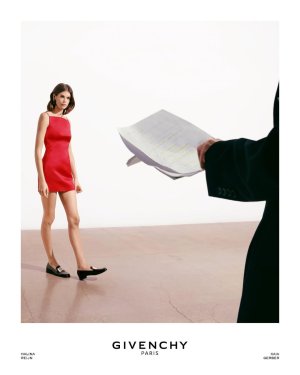Kaia Gerber wears the sliced mini pencil dress in Satin Gabardine with the Givenchy Tux Loafer.G.jpg